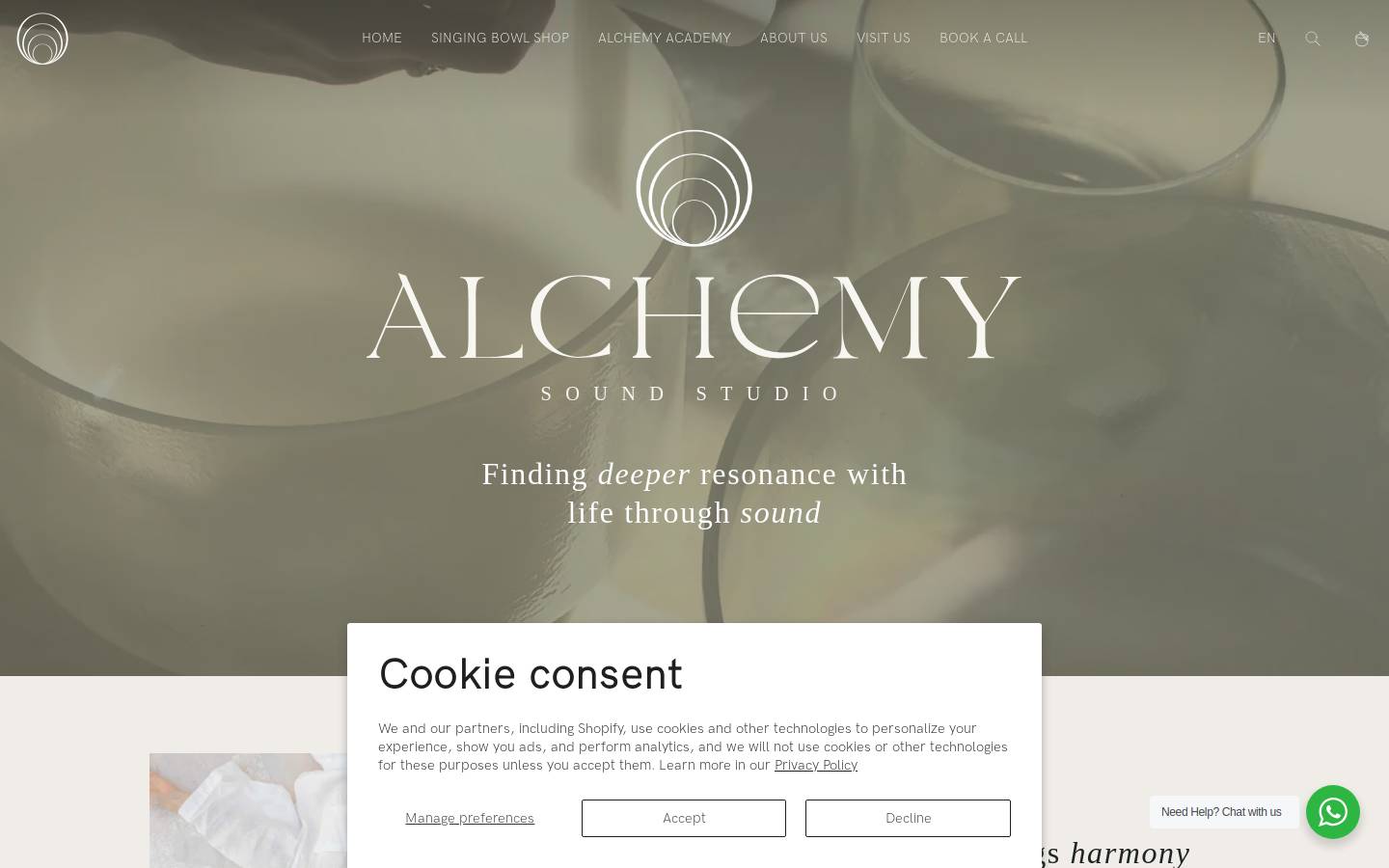 alchemycrystalbowl.com homepage screenshot