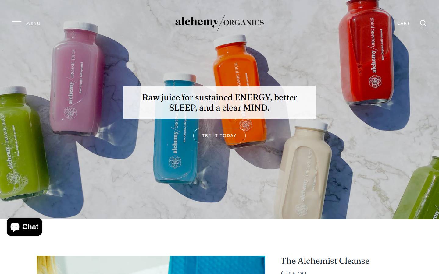 alchemyorganicjuice.com homepage screenshot