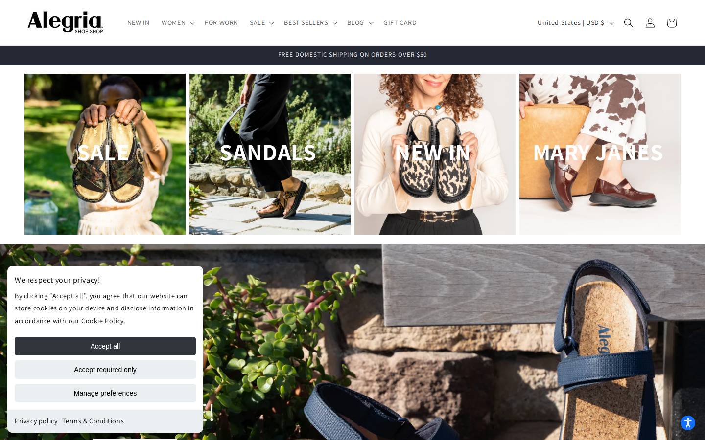Alegria Shoes homepage screenshot