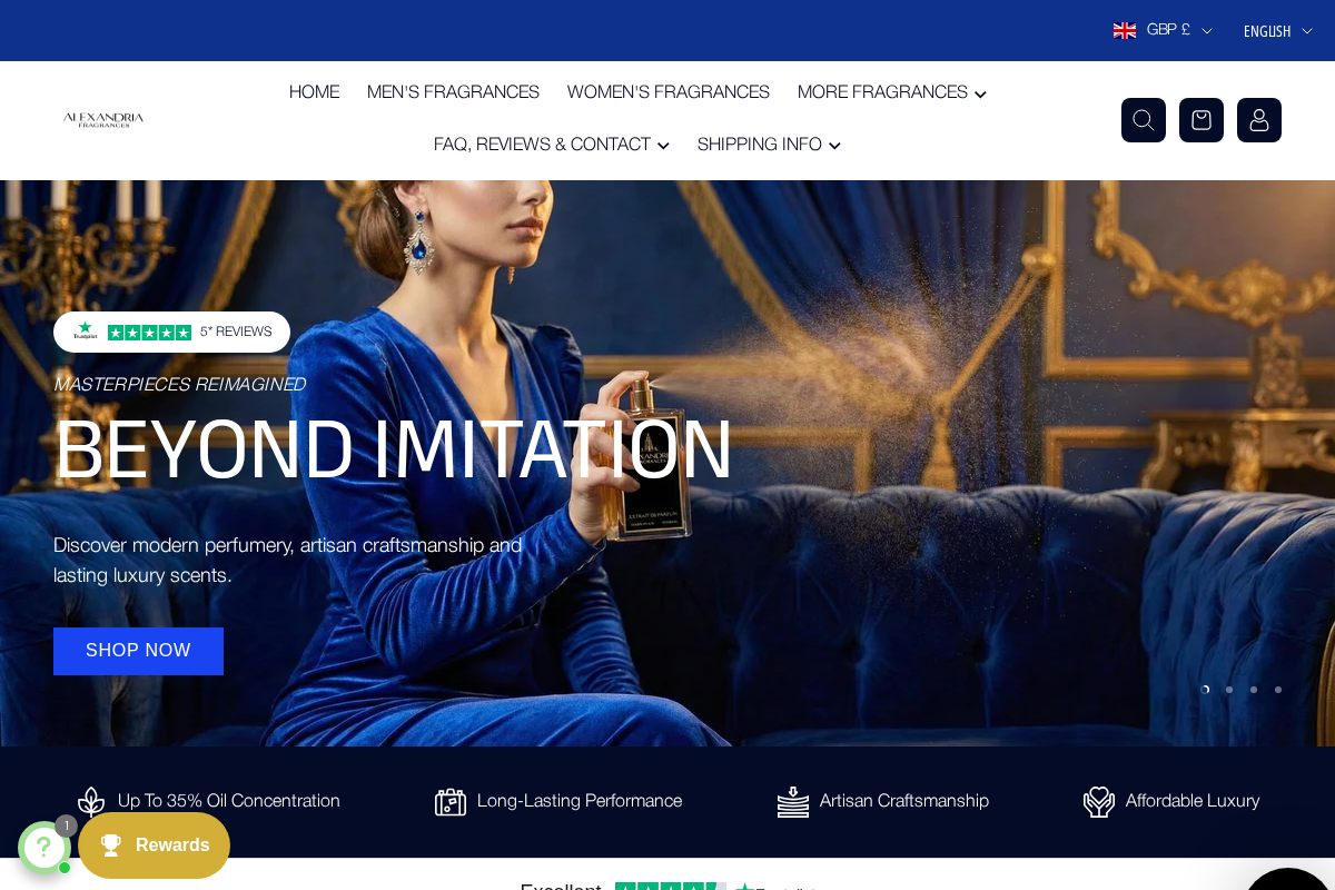 Alexandria Fragrances UK homepage screenshot