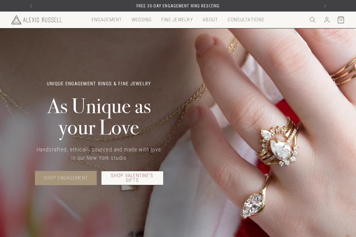 Unique Engagement Rings & Fine Jewelry – Alexis Russell homepage screenshot