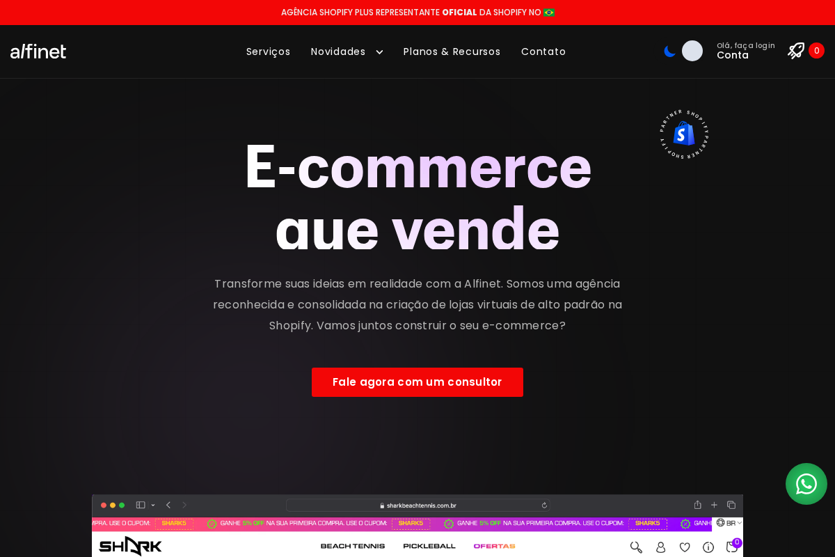 Alfinet - E-commerce que vende | Representante Oficial Shopify no Brasil homepage screenshot