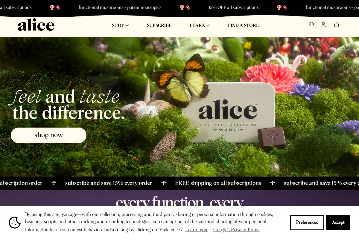 alicemushrooms.com homepage screenshot