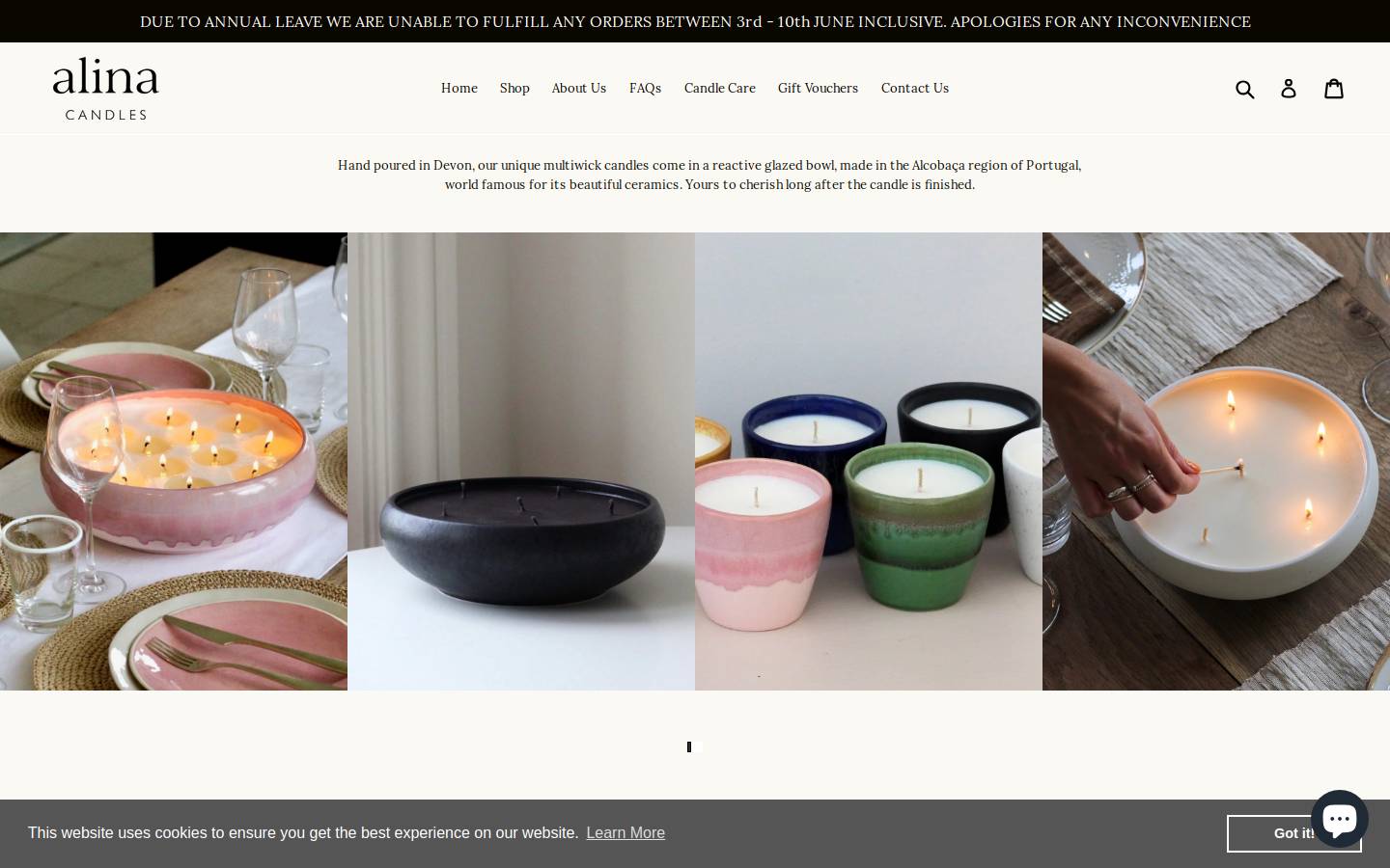 alinacandles.com homepage screenshot