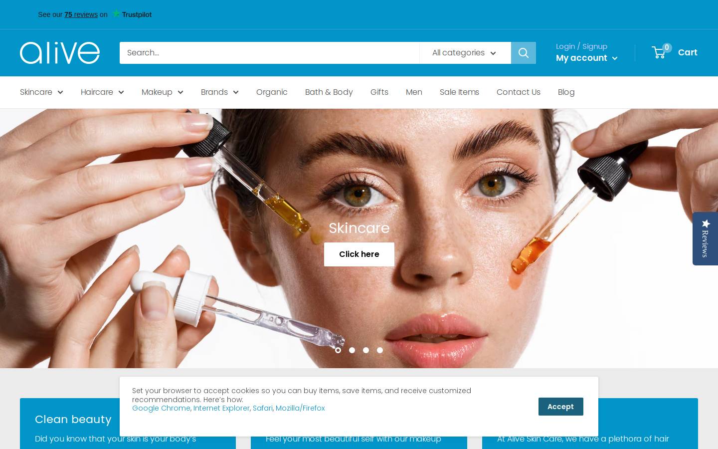 Alive Skin + Hair homepage screenshot