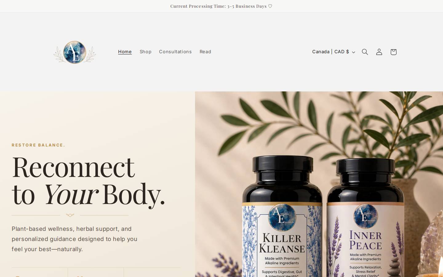 Alkalineessentials homepage screenshot