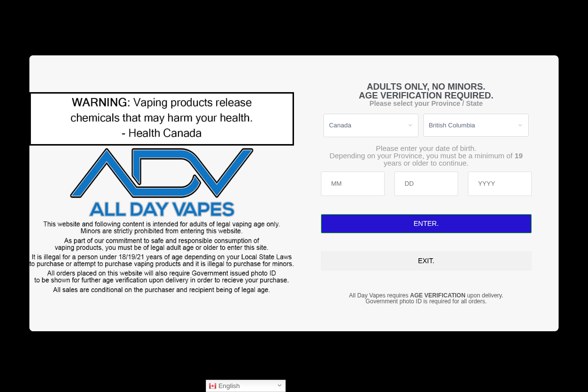 All Day Vapes homepage screenshot