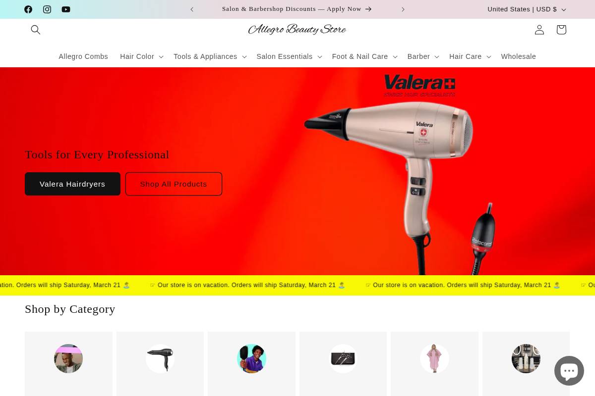 allegrobeautystore.com homepage screenshot