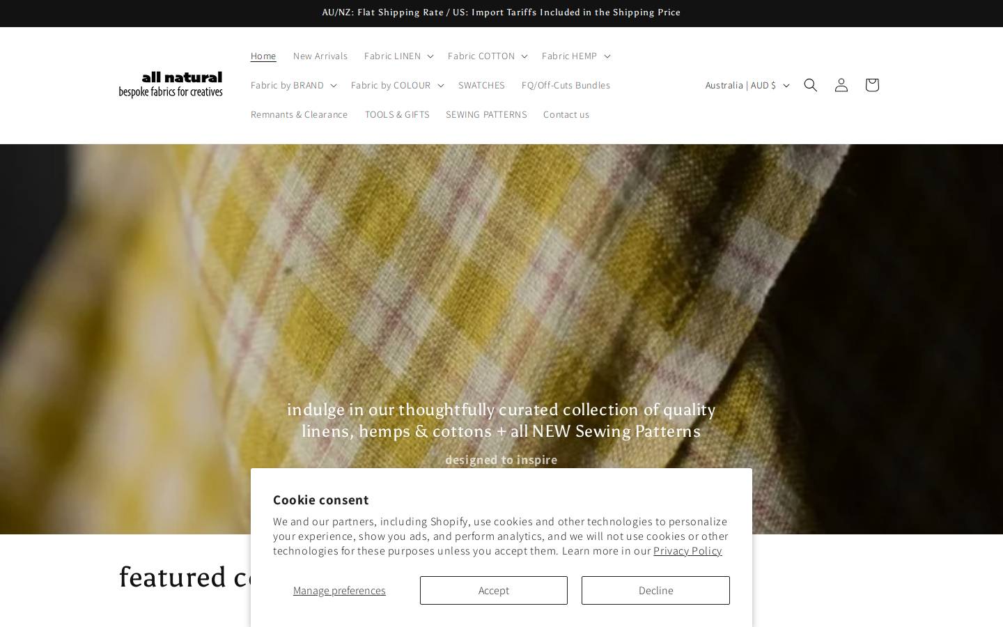 allnaturalfabrics.com homepage screenshot