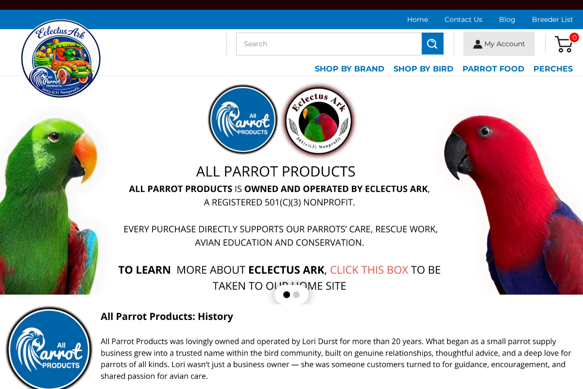 All Parrot Products homepage screenshot