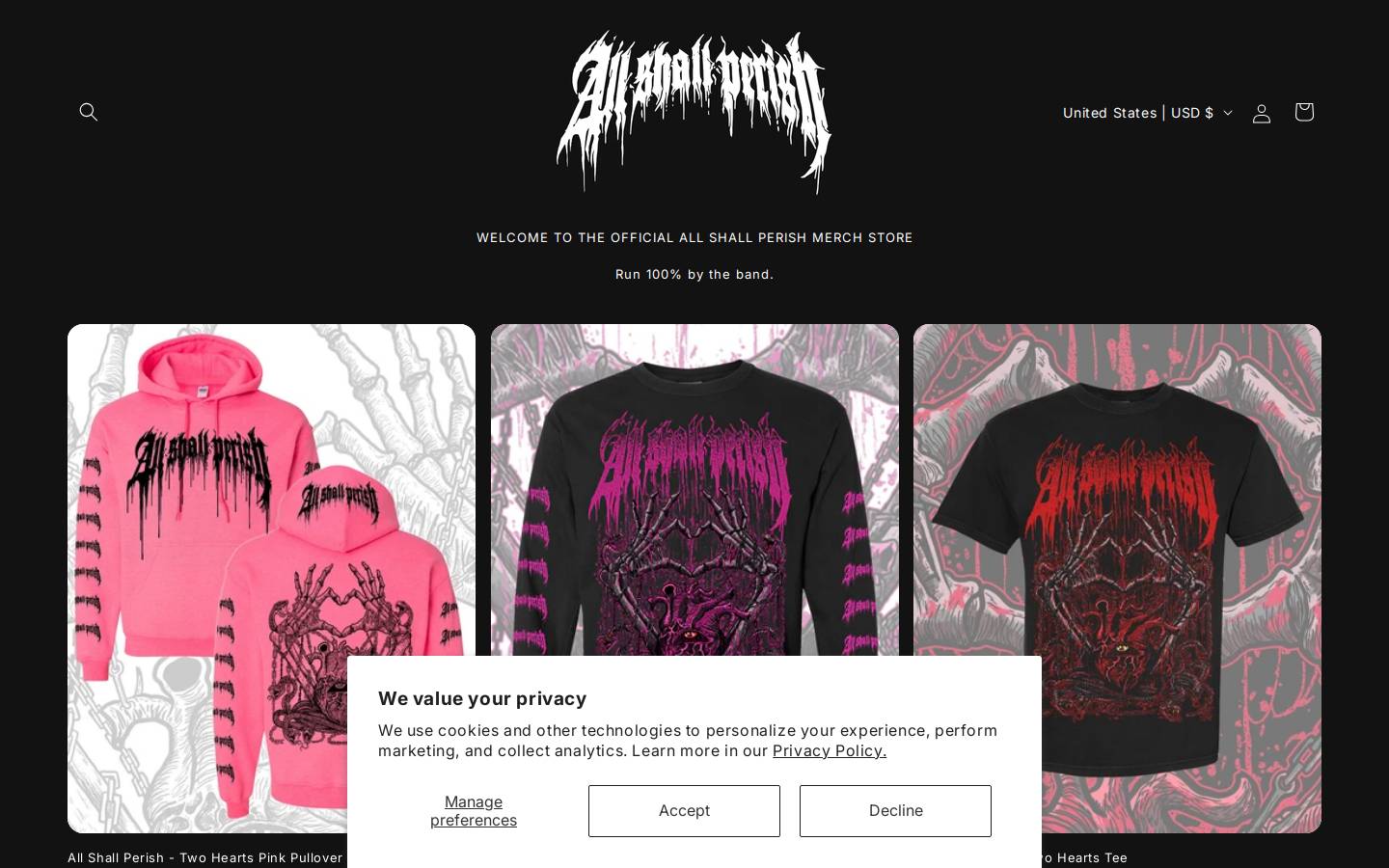 allshallperishmerch.com homepage screenshot