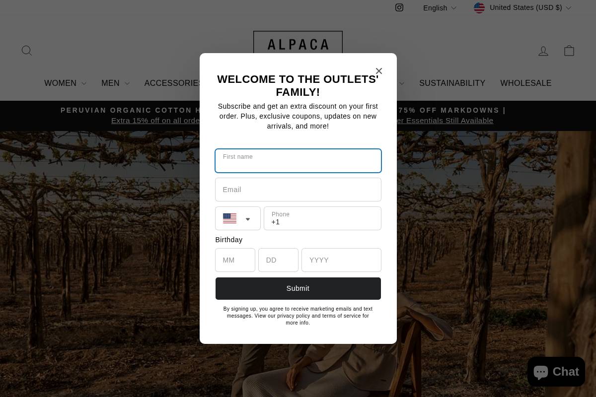 alpacaoutlets.com homepage screenshot