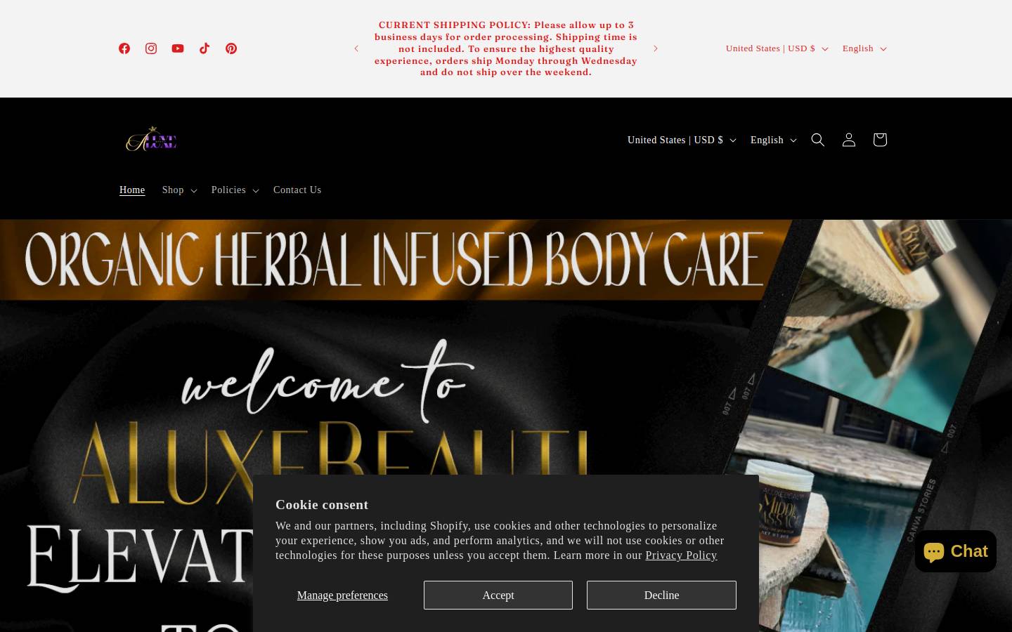 aluxebeauti.com homepage screenshot