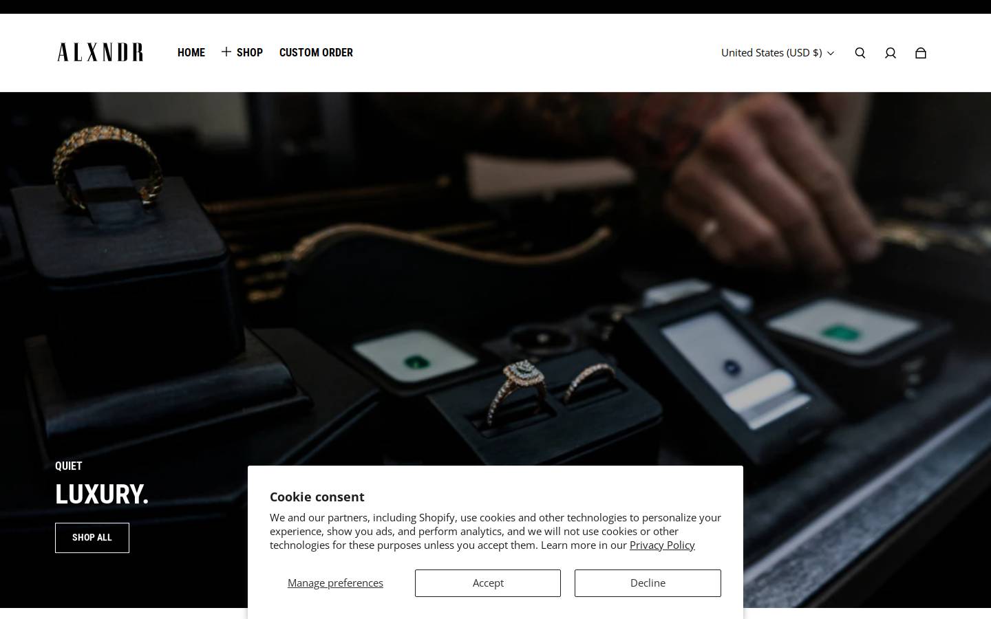alxndrjewelry.com homepage screenshot