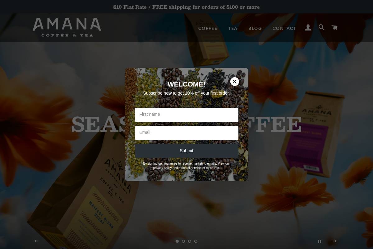amanacoffeeandtea.com homepage screenshot