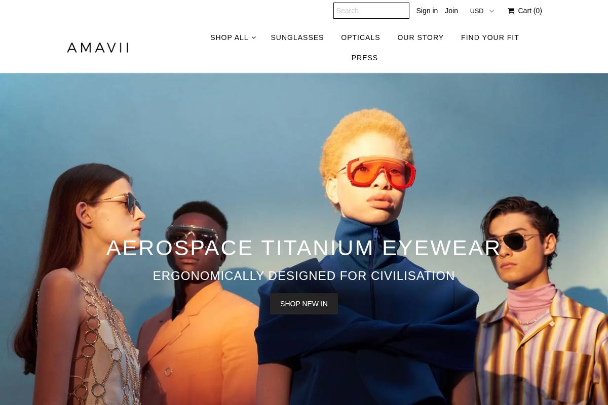 AMAVII Eyewear homepage screenshot