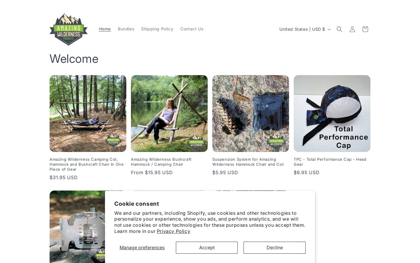 amazingwildernessproducts.com homepage screenshot
