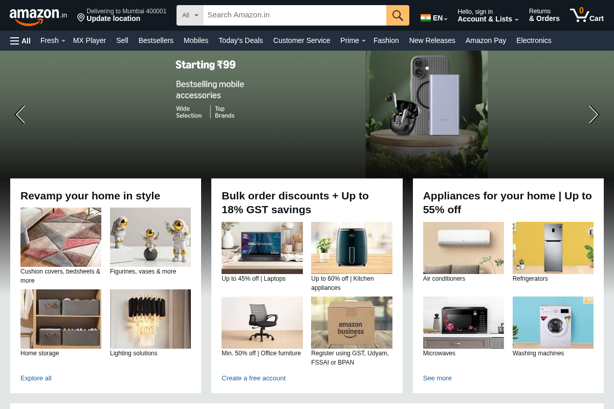 Amazon.in homepage screenshot