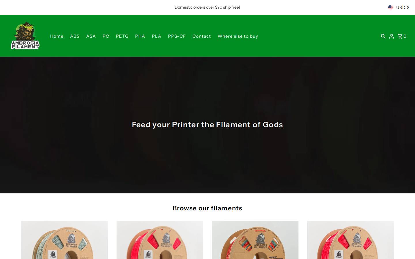 ambrosiafilament.com homepage screenshot