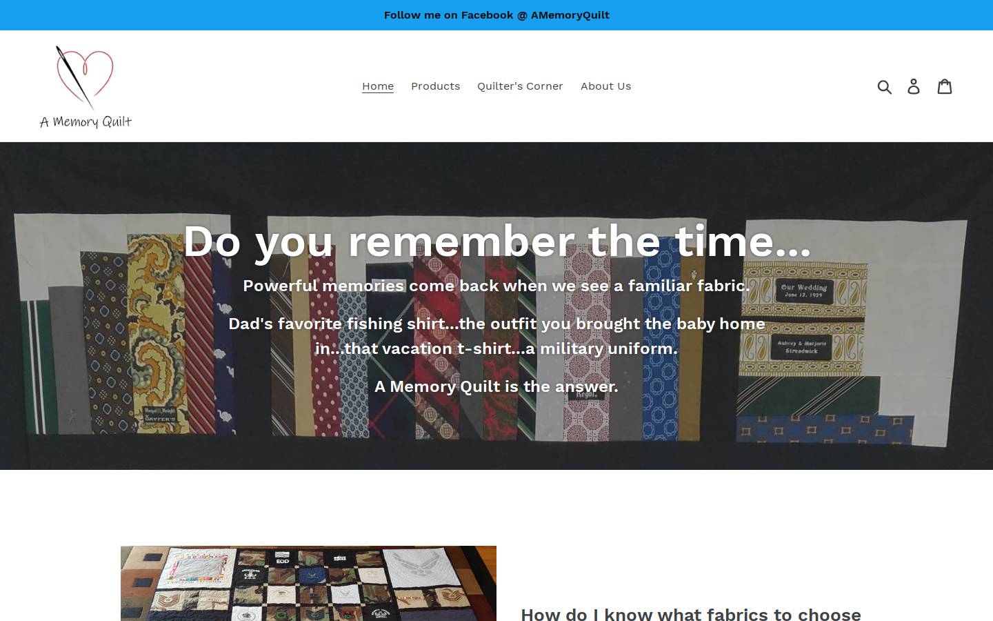 amemoryquilt.com homepage screenshot