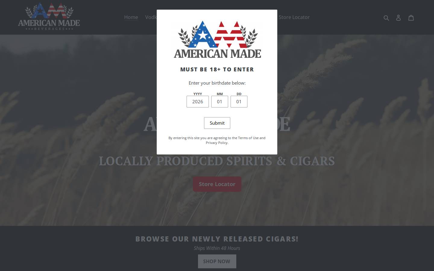 americanmadebeverages.com homepage screenshot