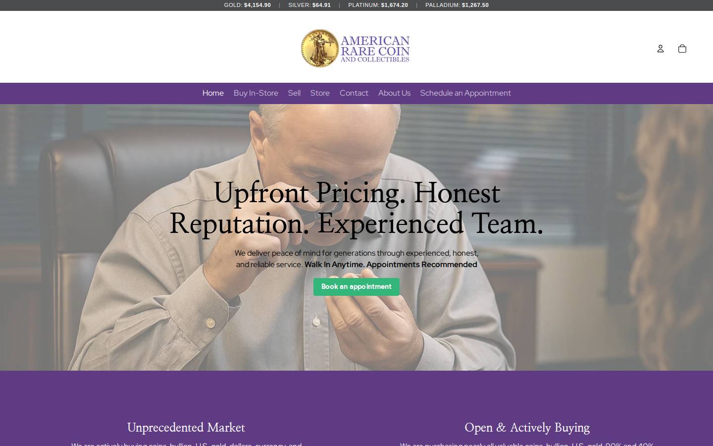 americanrarecoinandcollectibles.com homepage screenshot