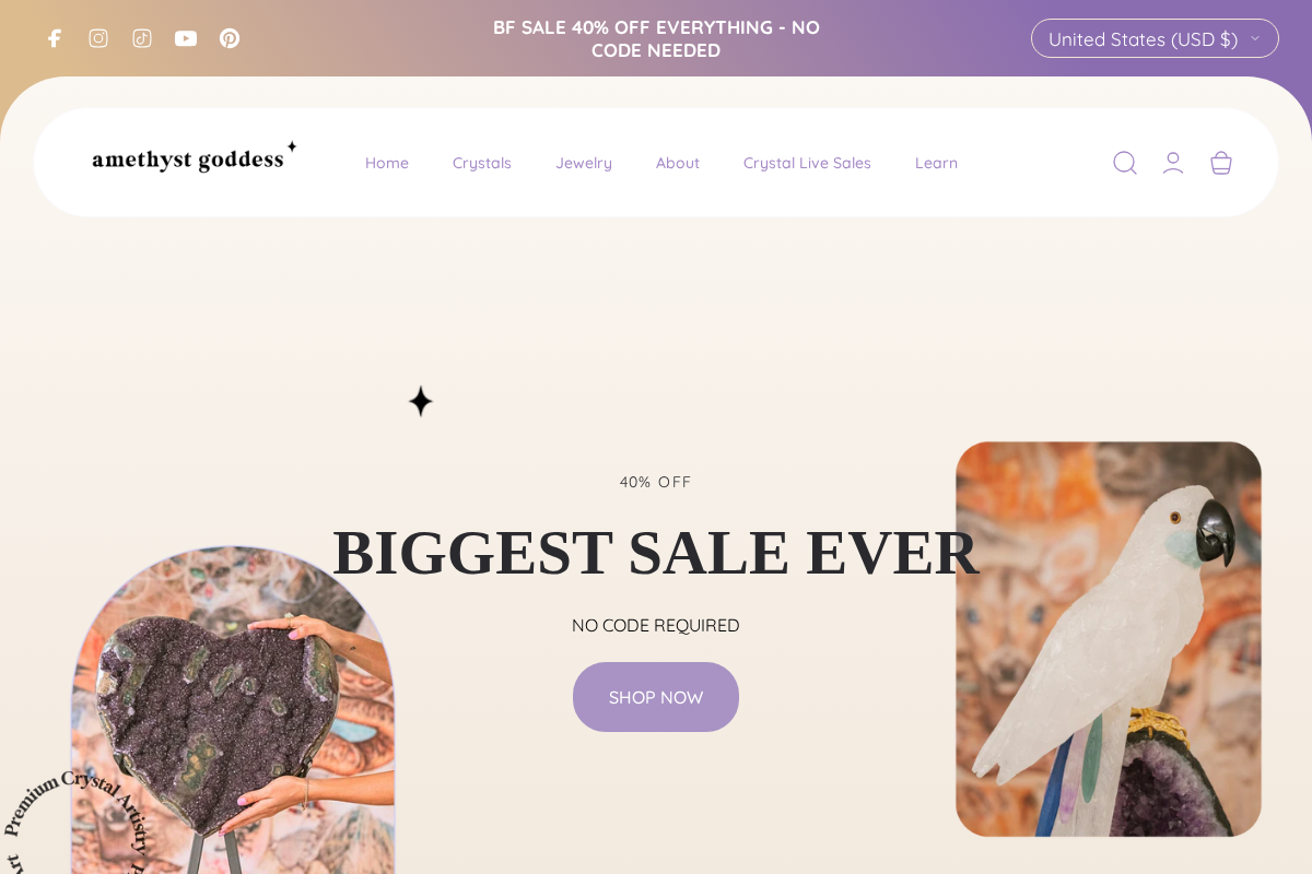 Amethyst Goddess Crystals homepage screenshot