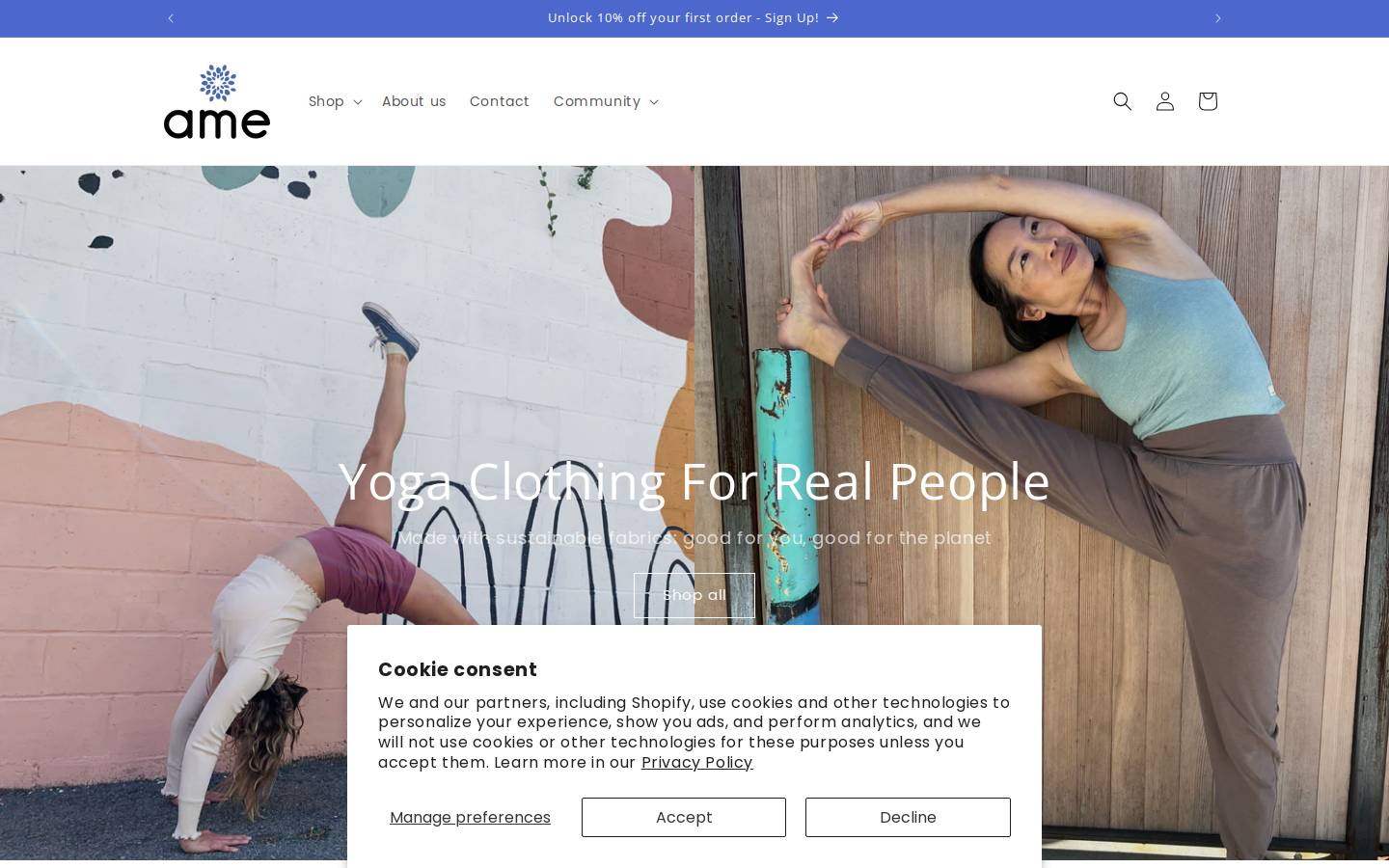 ameyogaclothing.com homepage screenshot