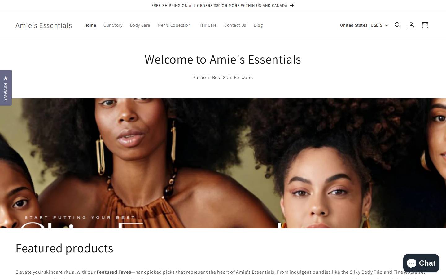 amiesessentials.com homepage screenshot