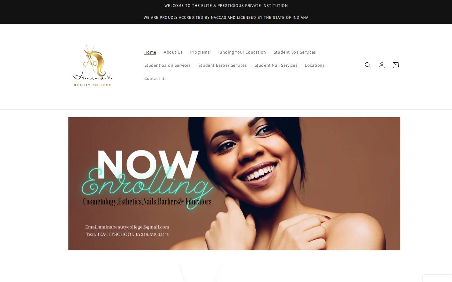 aminasbeautycollege.com homepage screenshot