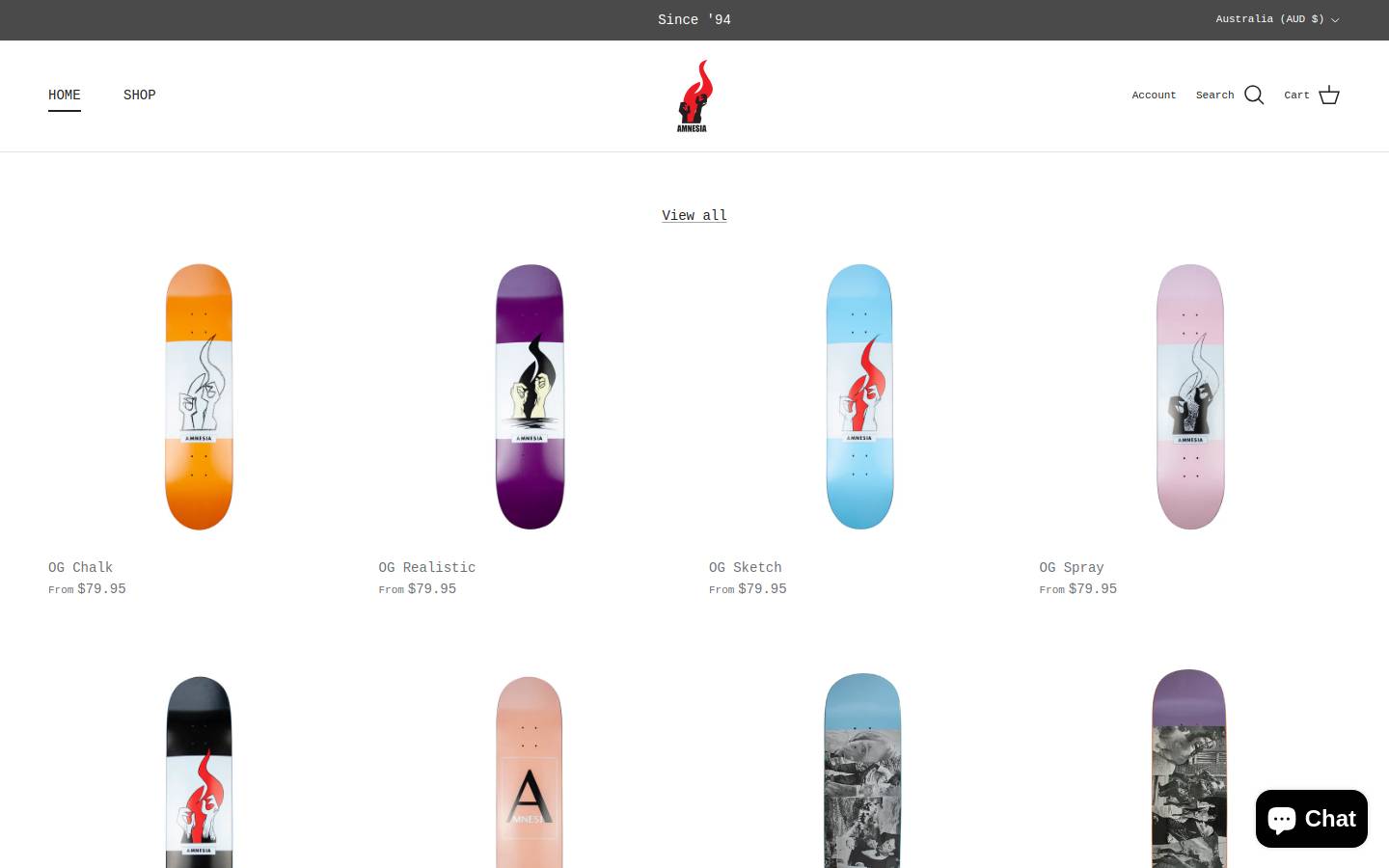 amnesiaskateboards.com.au homepage screenshot