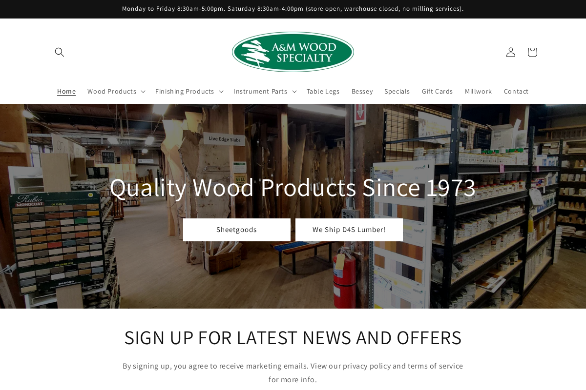 A&M Wood Specialty homepage screenshot