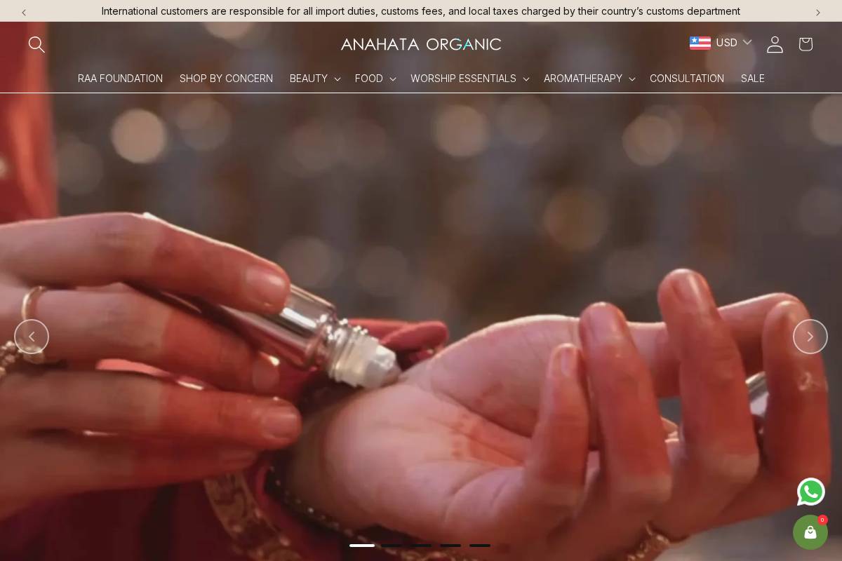 anahataorganic.com homepage screenshot