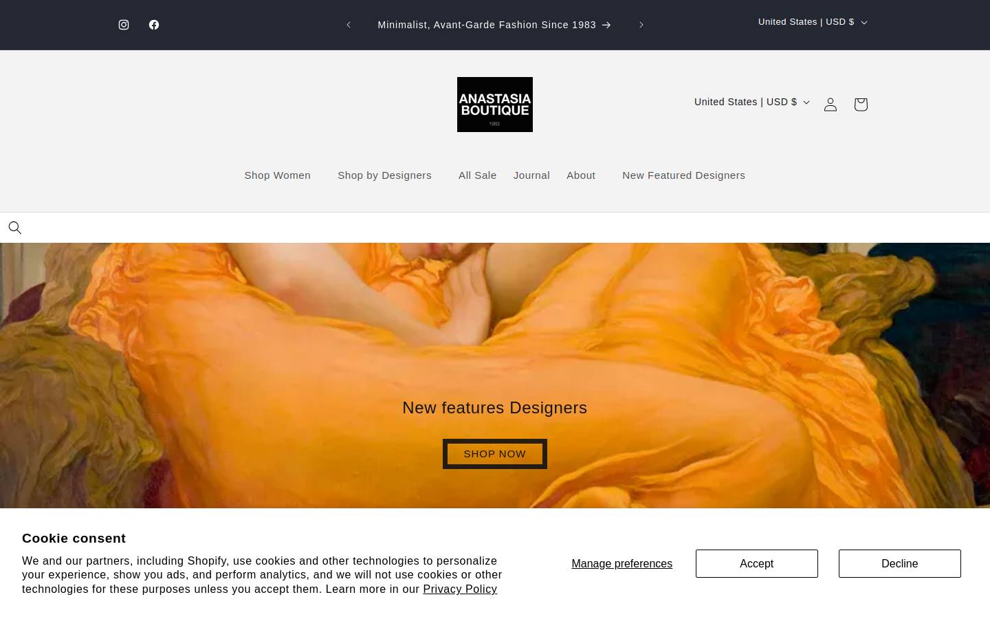 anastasiaboutique.com homepage screenshot