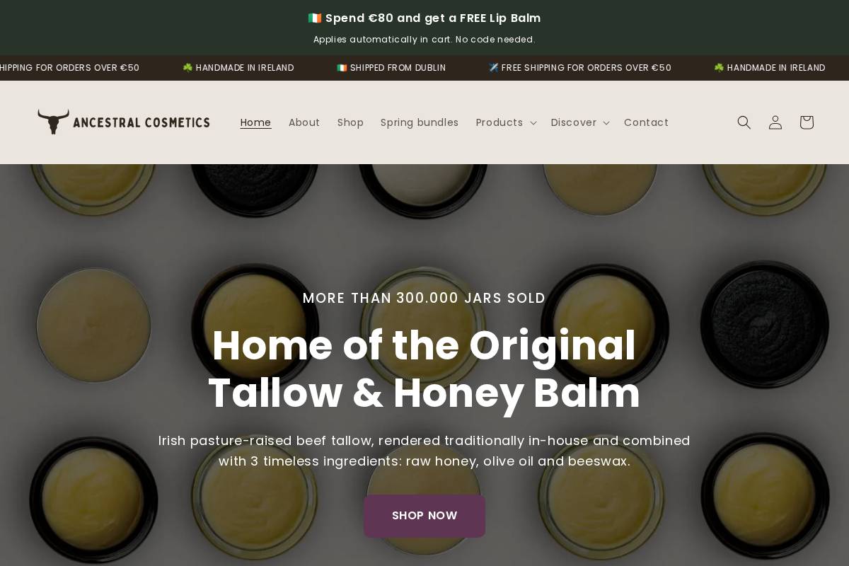 Ancestral Cosmetics homepage screenshot