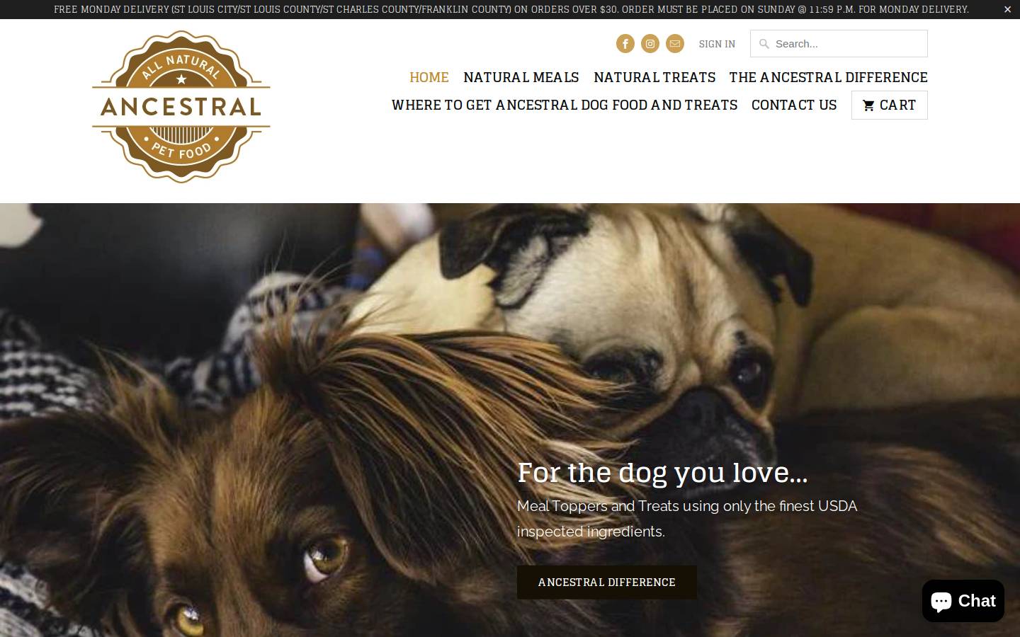 ancestraldogfood.com homepage screenshot