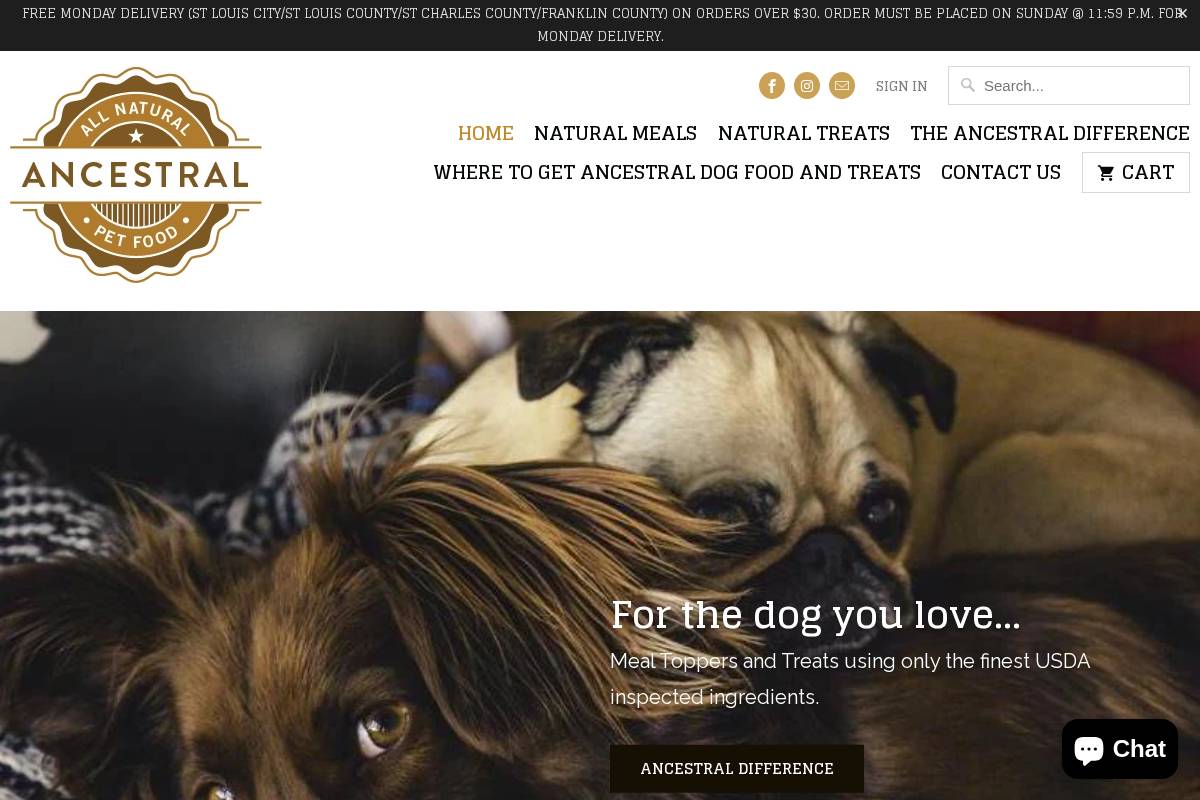 ancestralpetfood.com homepage screenshot