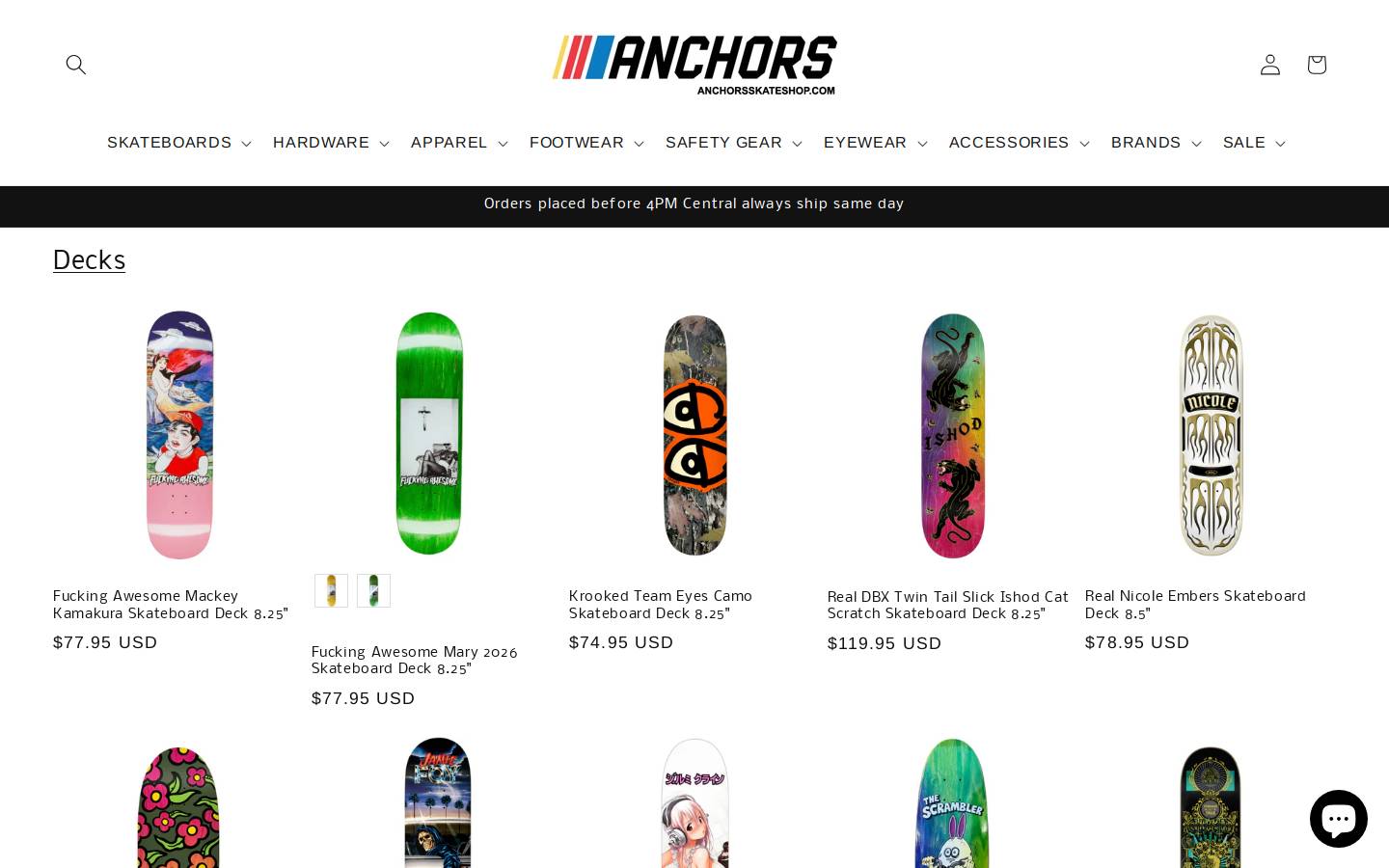 anchorsskateshop.com homepage screenshot