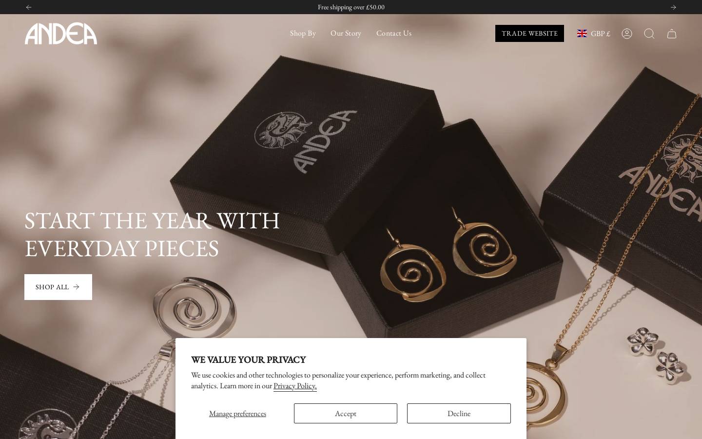 Andea Jewellery homepage screenshot