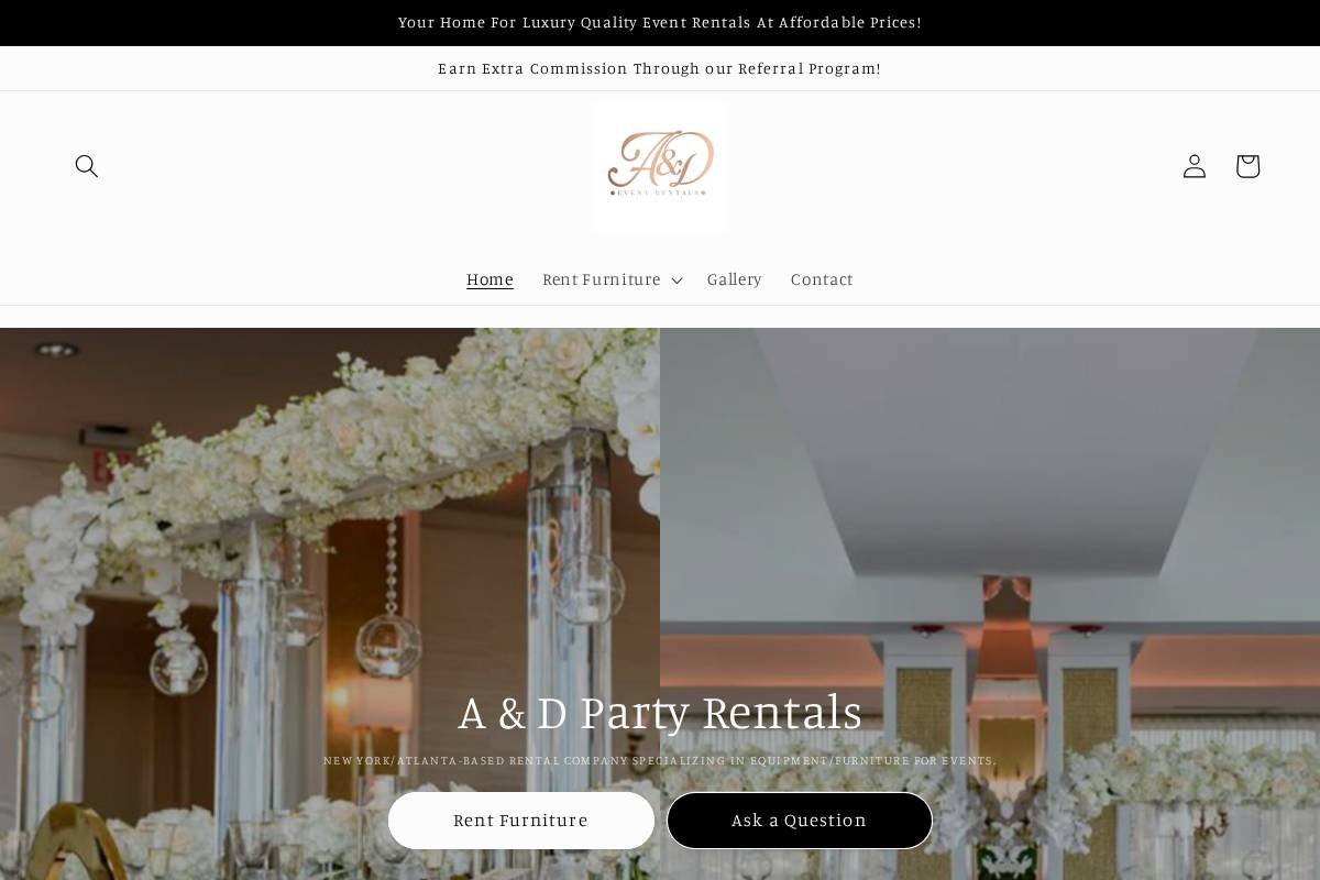 andpartyrentals.com homepage screenshot