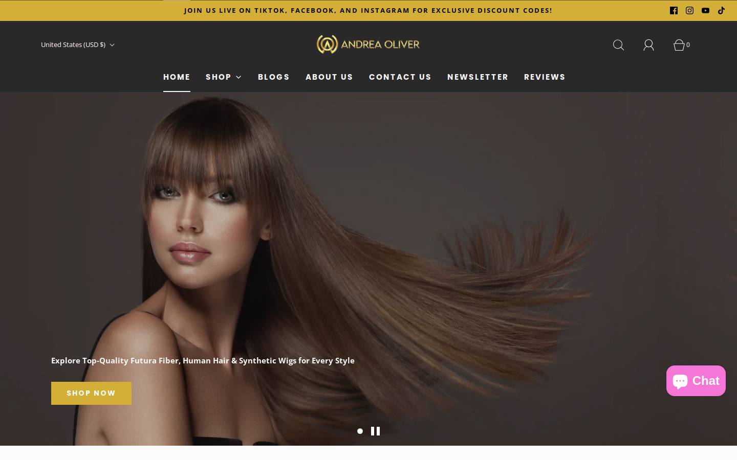 andreaoliverwigs.com homepage screenshot