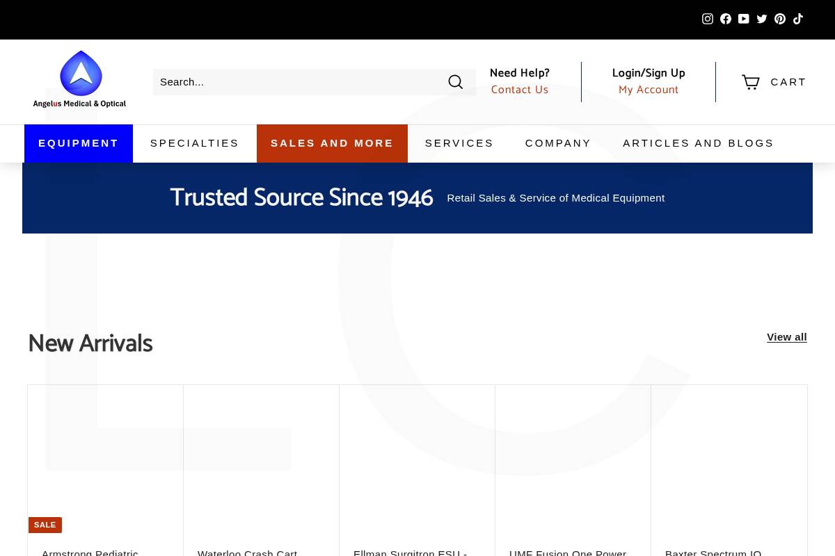 Angelus Medical & Optical Equipment homepage screenshot