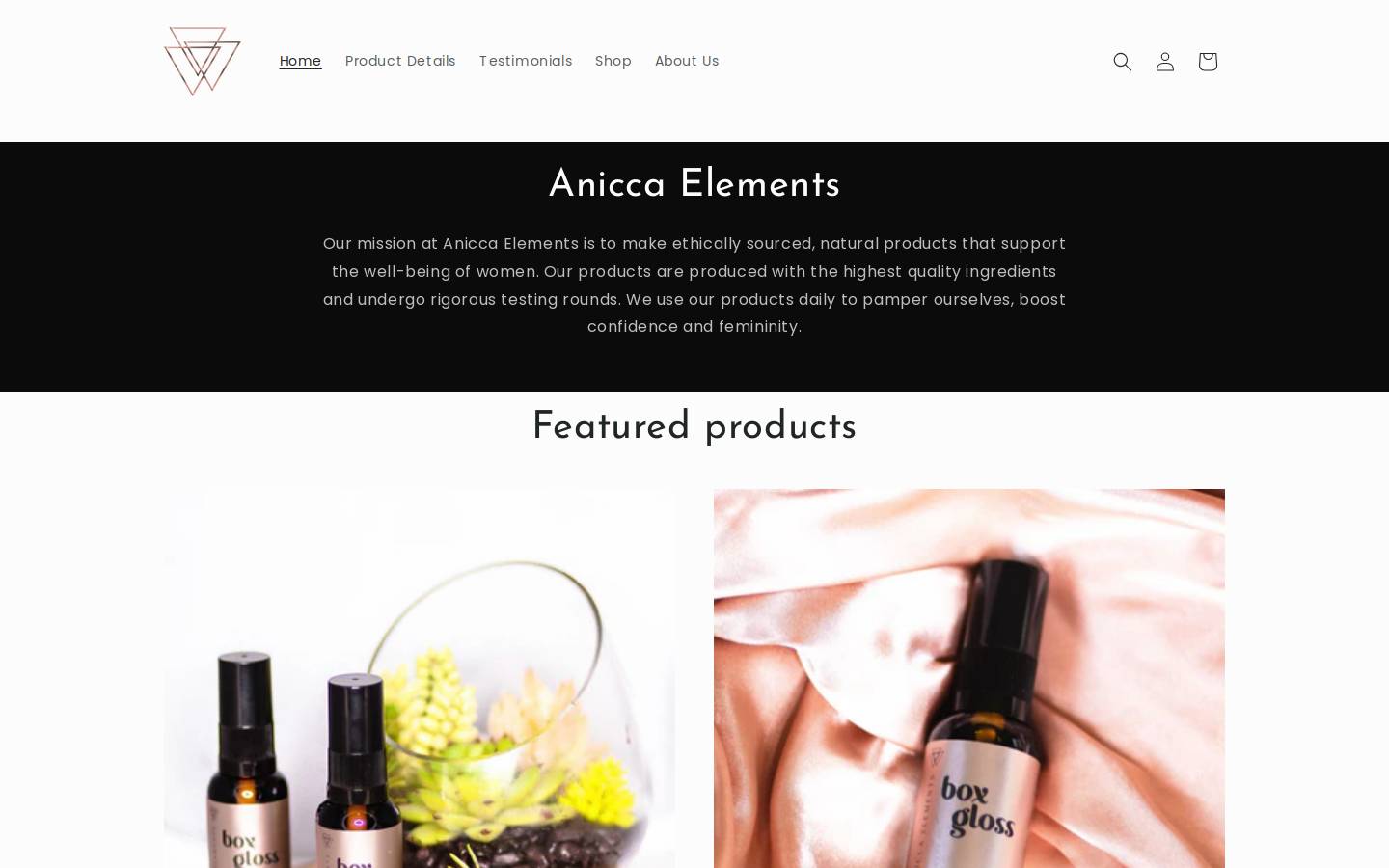 aniccaelements.com homepage screenshot