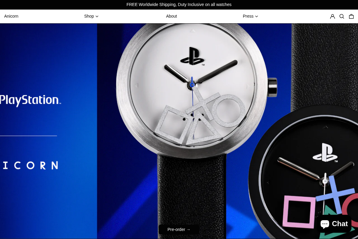 Anicorn Watches homepage screenshot