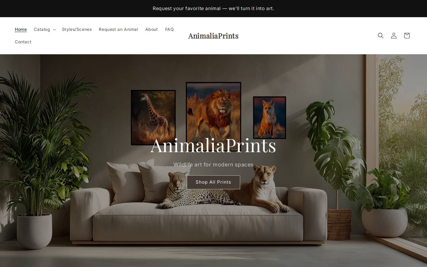 animaliaprints.com homepage screenshot