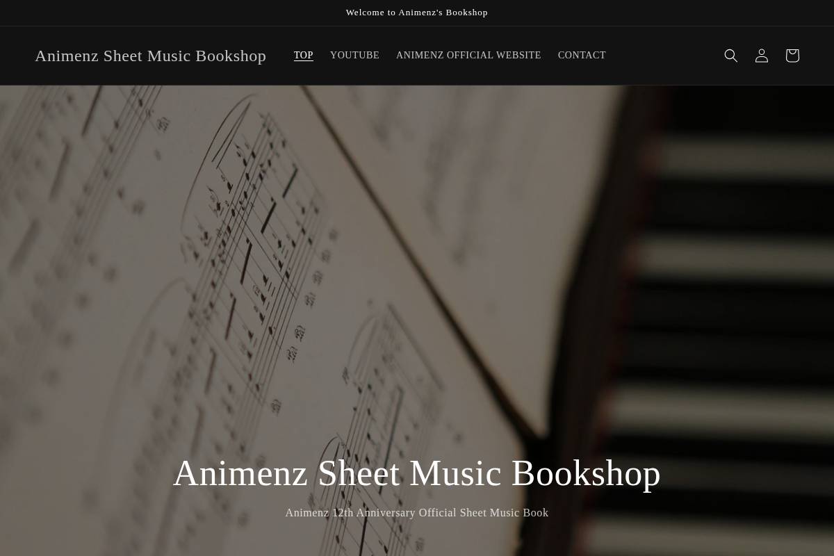 Animenz Sheet Music Bookshop homepage screenshot