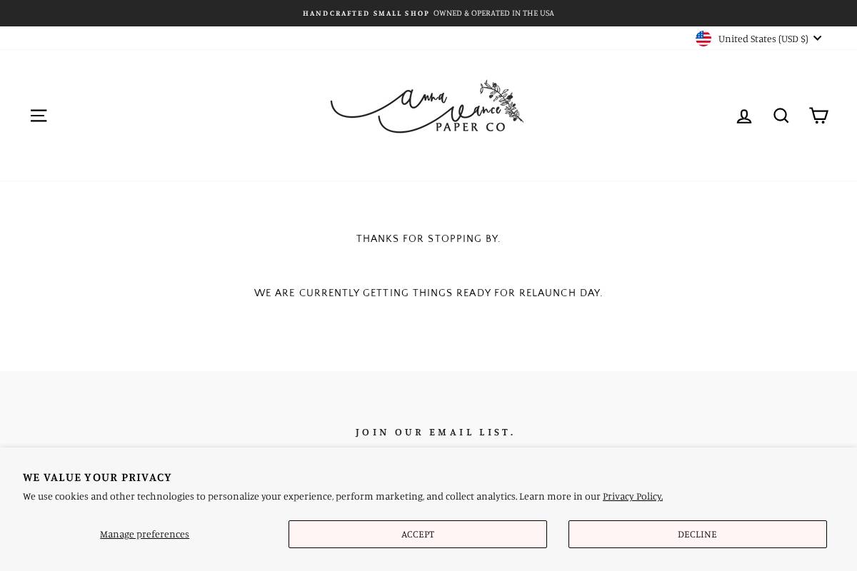 annavancepaperco.com homepage screenshot