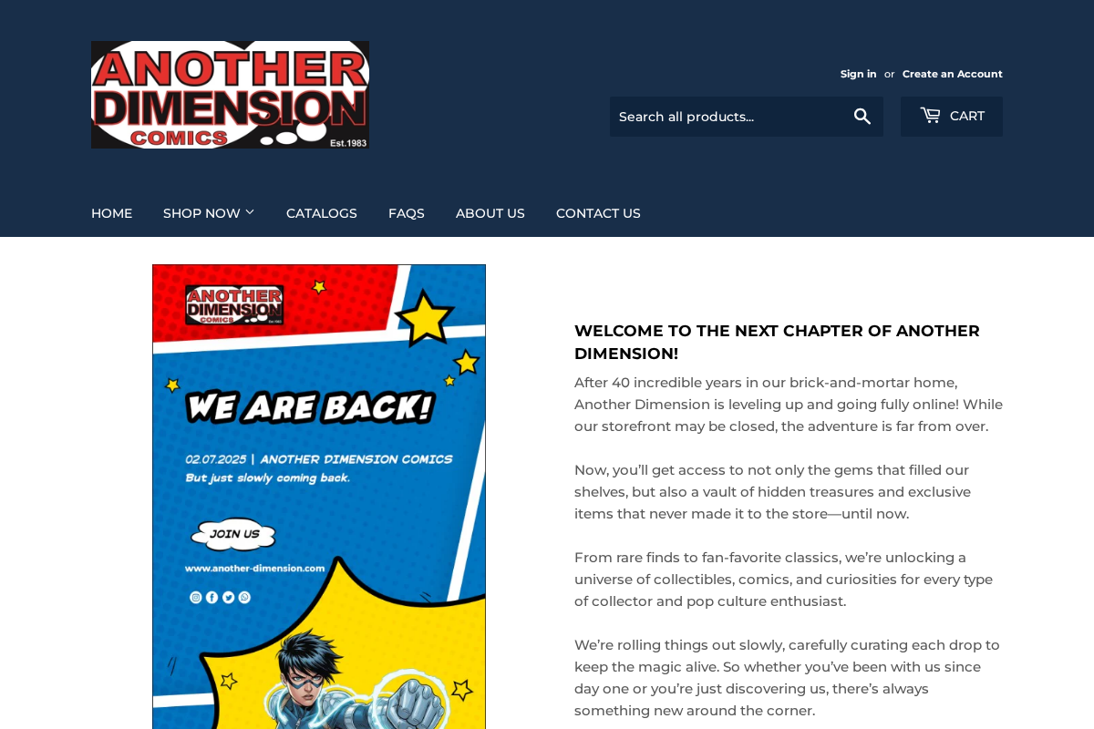Another Dimension Comics homepage screenshot