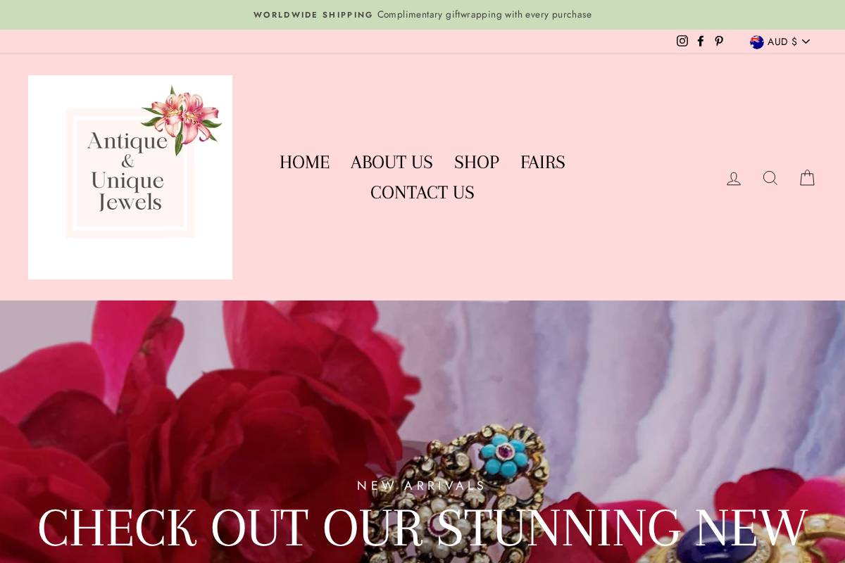 antiqueanduniquejewels.com homepage screenshot