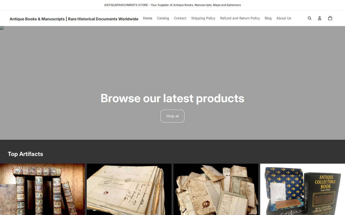 antiqueparchments.com homepage screenshot